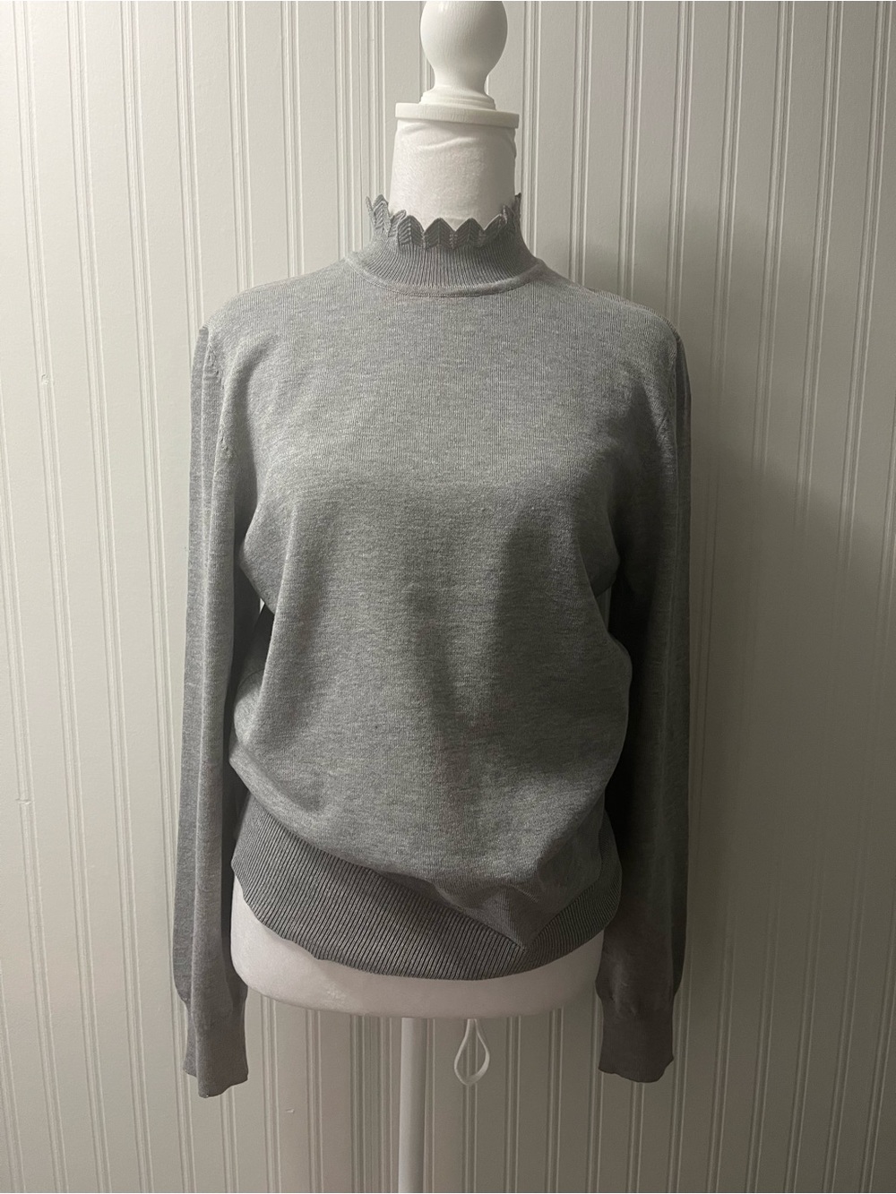 Women's Light Gray Mock Neck Sweater with Scalloped Trim